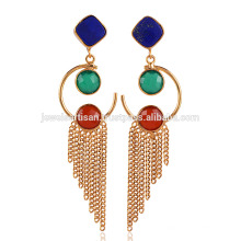 Lapis Lazuli & Onyx Drop Chain Jhumka Yellow Gold Plated Brass Earrings